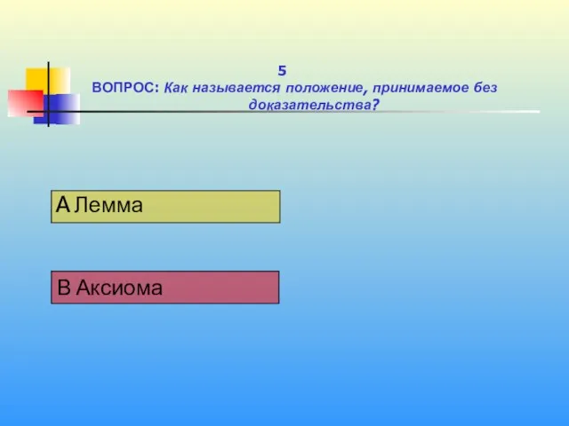 1 5 ВОПРОС: Как называется положение, принимаемое без доказательства?