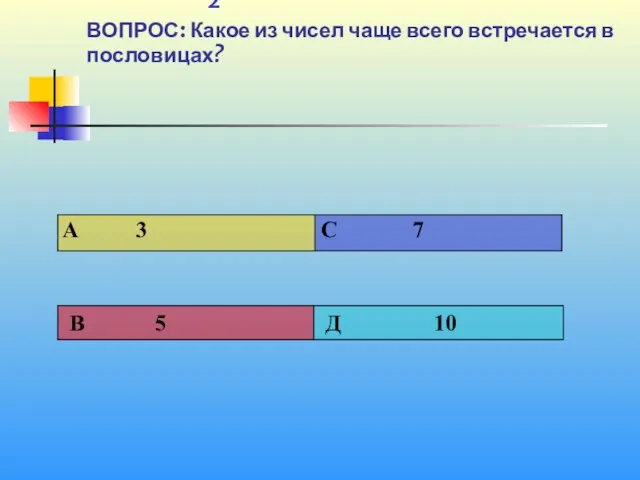 1 2 ВОПРОС: Какое из чисел чаще всего встречается в пословицах?