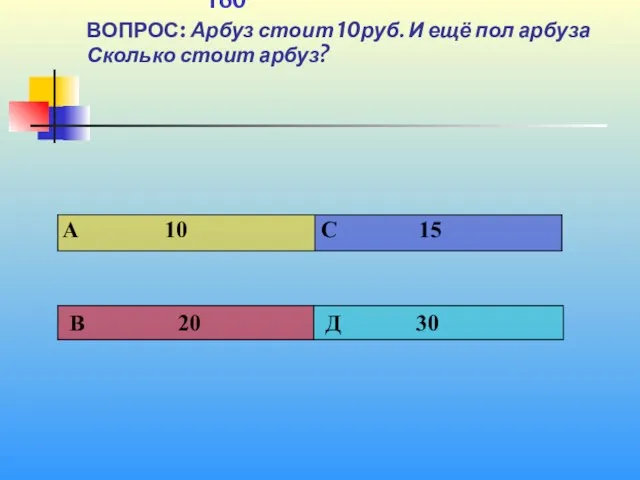 1 160 ВОПРОС: Арбуз стоит 10руб. И ещё пол арбуза Сколько стоит арбуз?