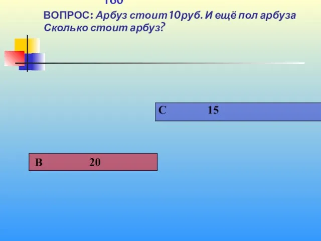 1 160 ВОПРОС: Арбуз стоит 10руб. И ещё пол арбуза Сколько стоит арбуз?