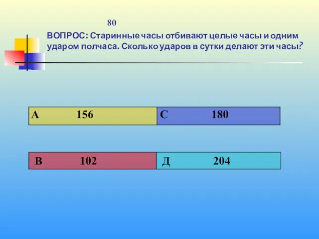 1 80 ВОПРОС: Старинные часы отбивают целые часы и одним ударом полчаса.