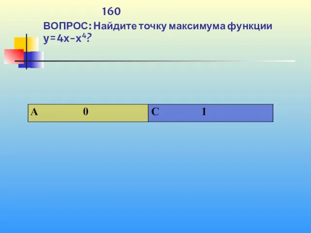 1 160 ВОПРОС: Найдите точку максимума функции y=4x-x4?