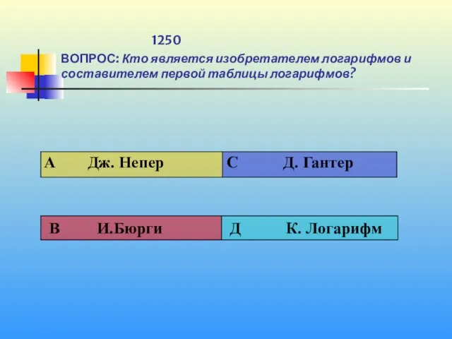 1 1250 ВОПРОС: Кто является изобретателем логарифмов и составителем первой таблицы логарифмов?