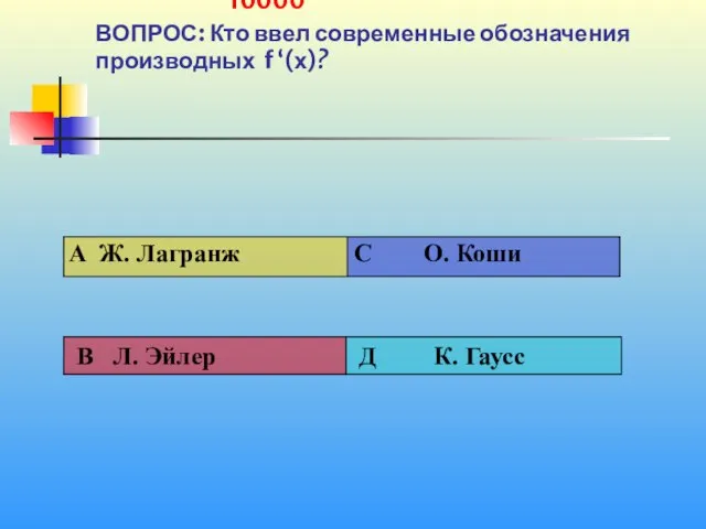 1 10000 ВОПРОС: Кто ввел современные обозначения производных f ‘(х)?