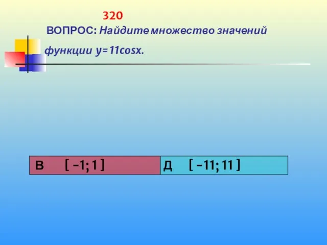 320 ВОПРОС: Найдите множество значений функции y= 11cosx.