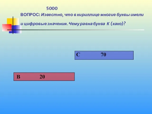 1 5000 ВОПРОС: Известно, что в кириллице многие буквы имели и цифровые