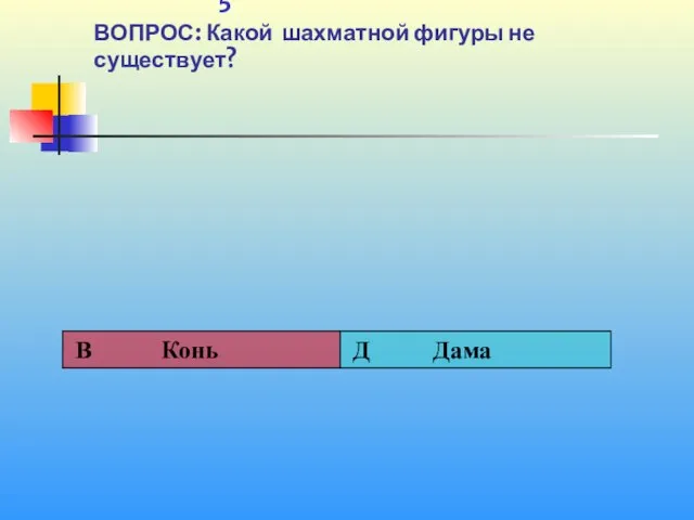 1 5 ВОПРОС: Какой шахматной фигуры не существует?