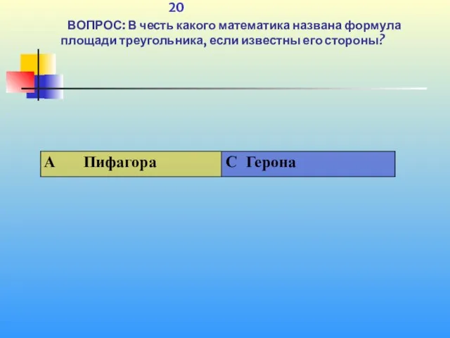 1 20 ВОПРОС: В честь какого математика названа формула площади треугольника, если известны его стороны?