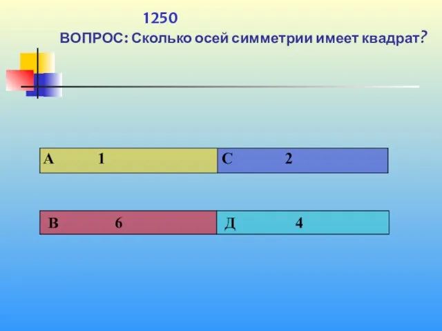 1 1250 ВОПРОС: Сколько осей симметрии имеет квадрат?