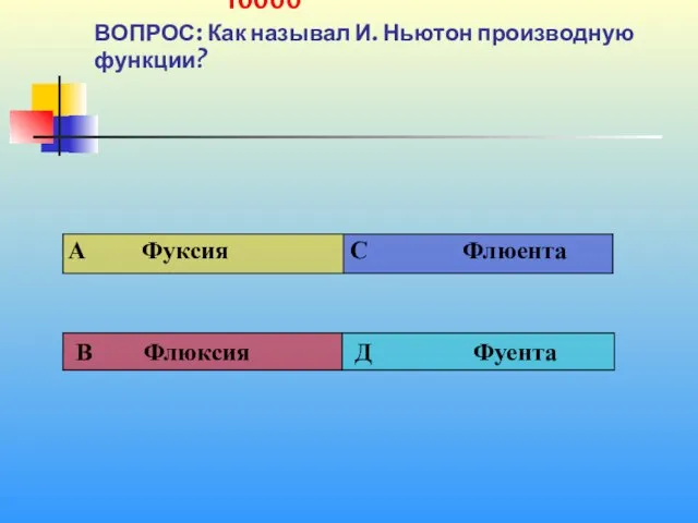 1 10000 ВОПРОС: Как называл И. Ньютон производную функции?