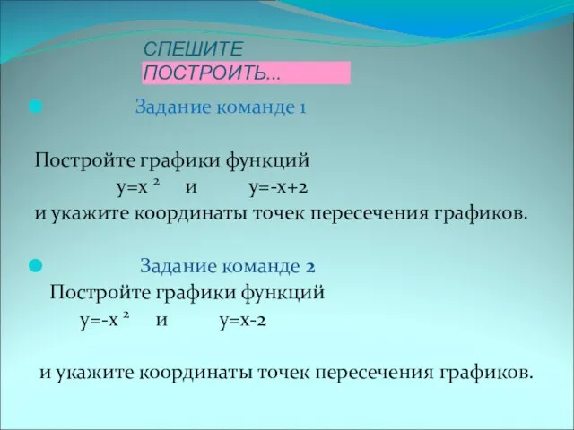 Задание команде 1 Постройте графики функций у=х 2 и у=-х+2 и укажите