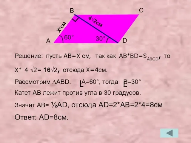 Решение: пусть AB=X см, так как AB*BD=SABCD, то X* 4 √2= 16√2,