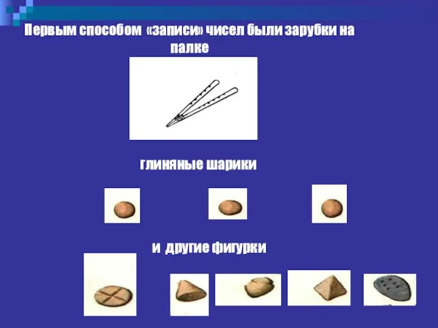 Первым способом «записи» чисел были зарубки на палке глиняные шарики и другие фигурки