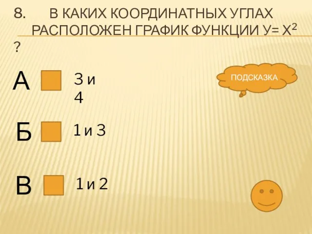 8. В каких координатных углах расположен график функции у= х2 ? А