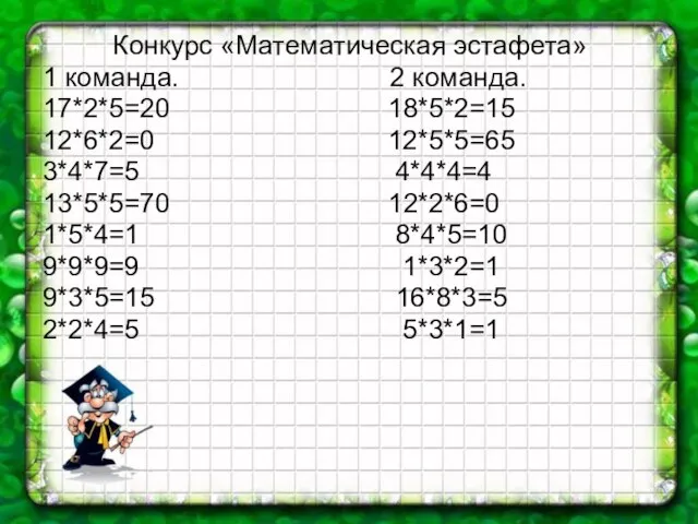 Конкурс «Математическая эстафета» 1 команда. 2 команда. 17*2*5=20 18*5*2=15 12*6*2=0 12*5*5=65 3*4*7=5