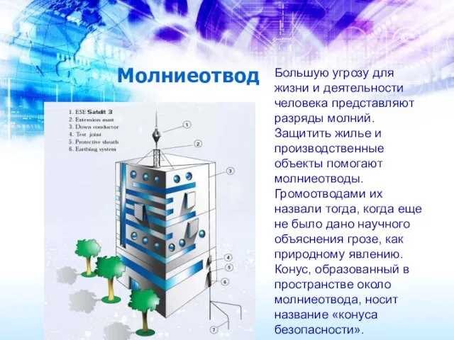 Молниеотвод Большую угрозу для жизни и деятельности человека представляют разряды молний. Защитить