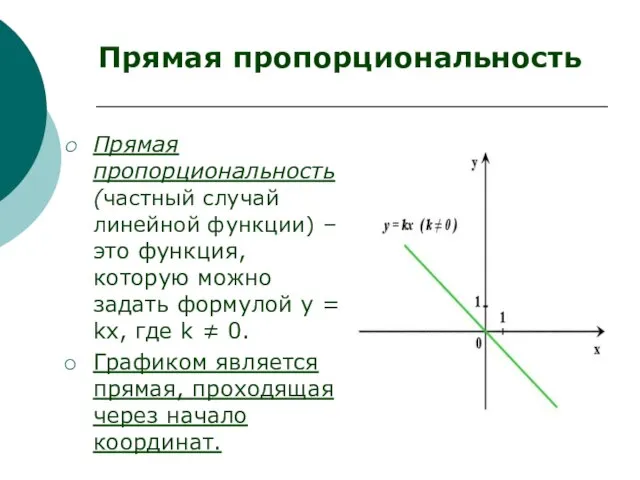 Прямая пропорциональность (частный случай линейной функции) – это функция, которую можно задать