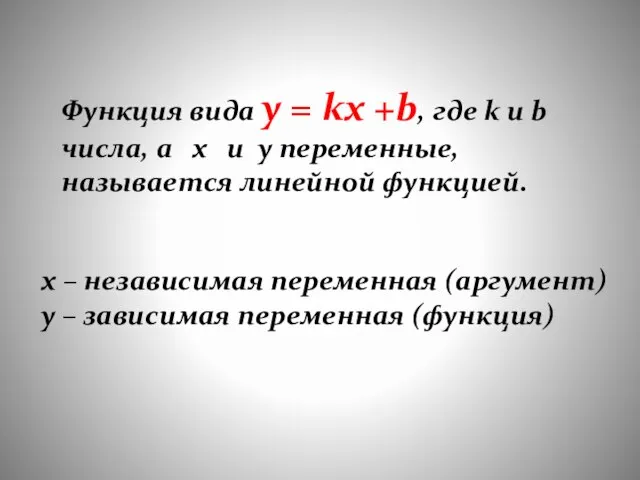 Функция вида y = kx +b, где k и b числа, а