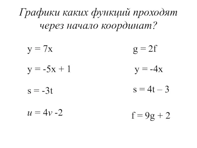 Графики каких функций проходят через начало координат? у = 7х y =