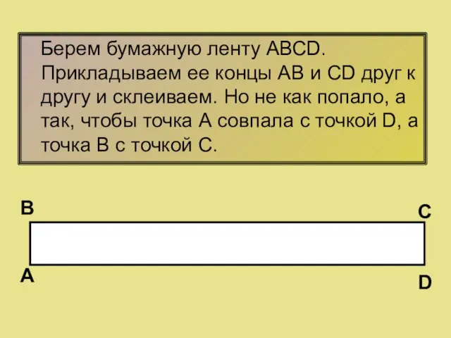 Берем бумажную ленту АВСD. Прикладываем ее концы АВ и СD друг к