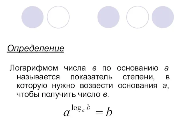 Определение Логарифмом числа в по основанию а называется показатель степени, в которую