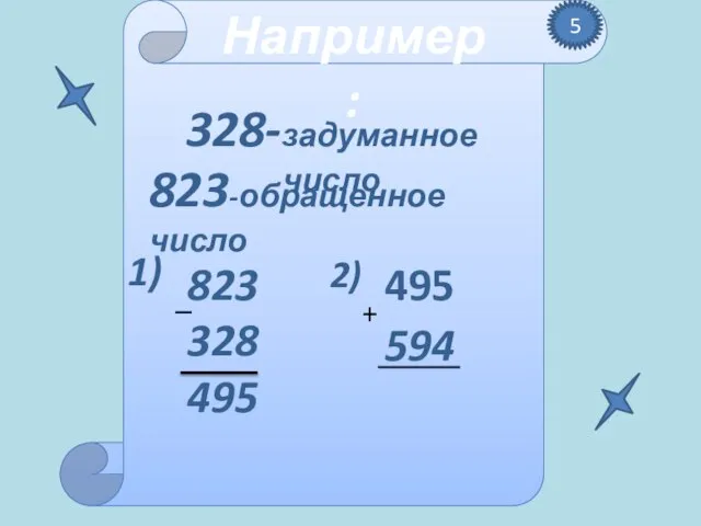 1) 2) 594 + Например: 328-задуманное число 823 328 495 823-обращенное число 495 5