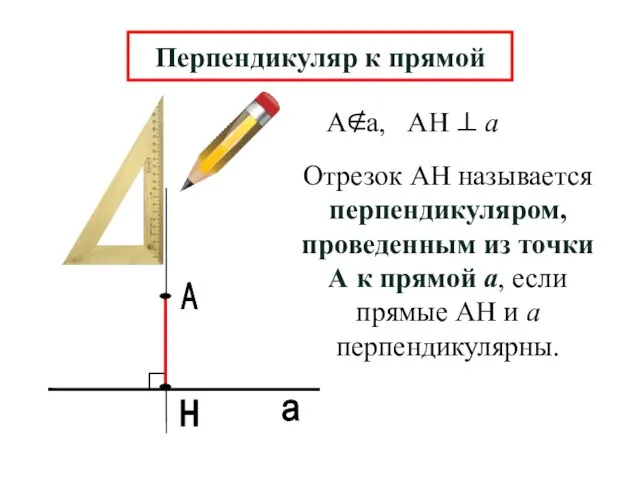 А н а Перпендикуляр к прямой Отрезок АН называется перпендикуляром, проведенным из