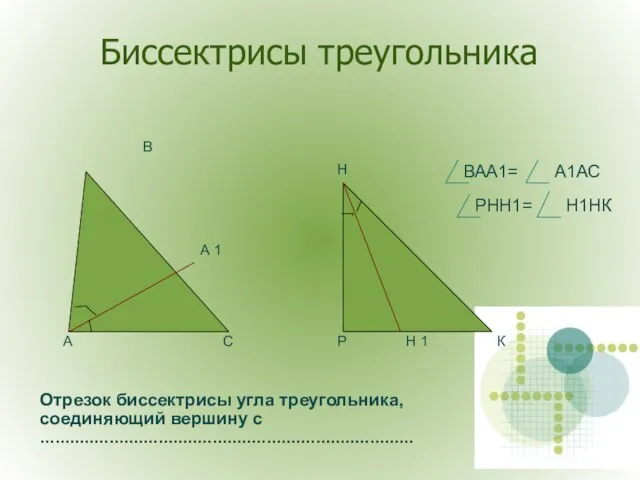 Биссектрисы треугольника А 1 А В С Р Н Н 1 К