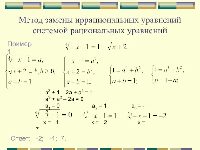 Метод замены иррациональных уравнений системой рациональных уравнений a3 + 1 – 2a