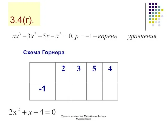 Учитель математики Мурзабаева Фарида Мужавировна 3.4(г). Схема Горнера 2 1 4 0