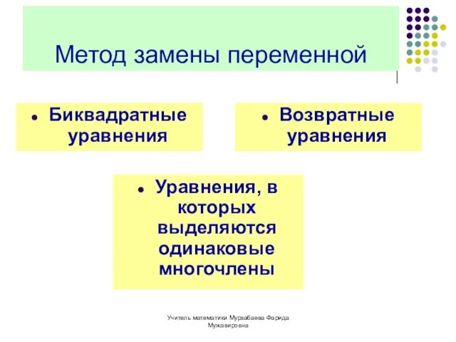 Учитель математики Мурзабаева Фарида Мужавировна Метод замены переменной Биквадратные уравнения Возвратные уравнения