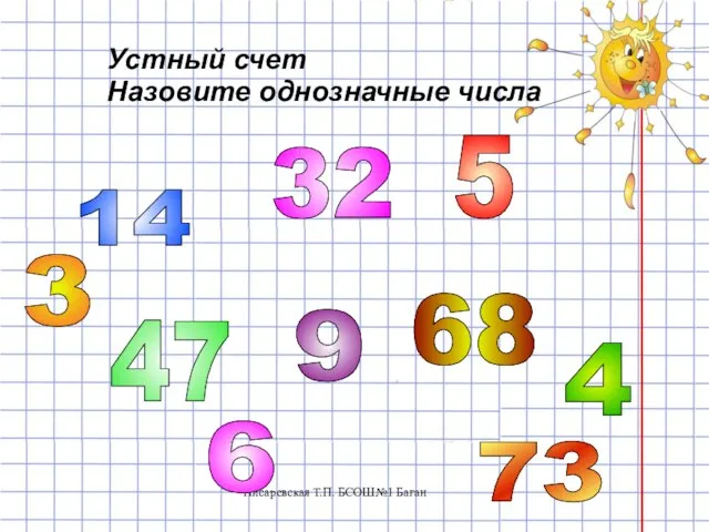 Писаревская Т.П. БСОШ№1 Баган Устный счет Назовите однозначные числа 47 14 32