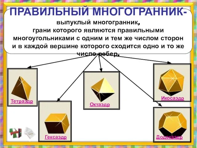 ПРАВИЛЬНЫЙ МНОГОГРАННИК- выпуклый многогранник, грани которого являются правильными многоугольниками с одним и