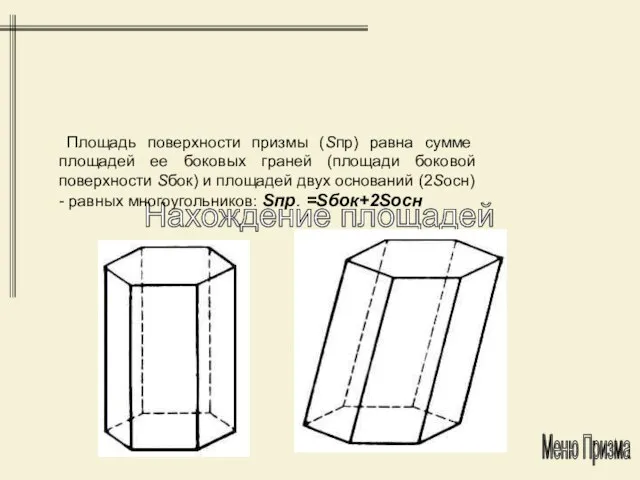 Нахождение площадей Площадь поверхности призмы (Sпр) равна сумме площадей ее боковых граней