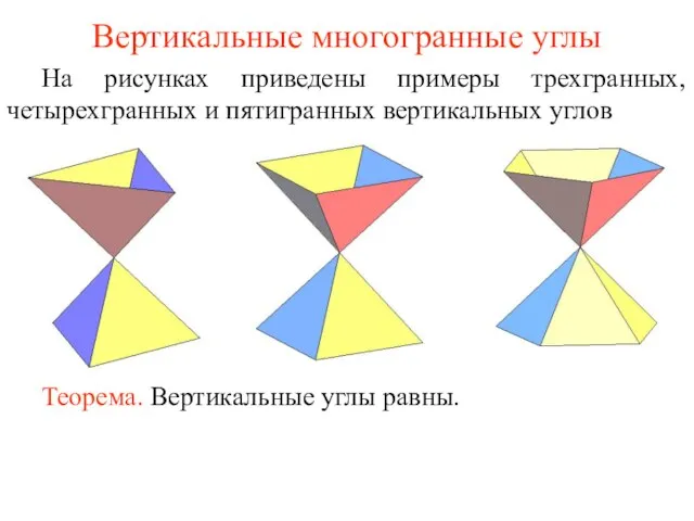 Вертикальные многогранные углы На рисунках приведены примеры трехгранных, четырехгранных и пятигранных вертикальных