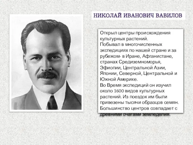 Николай Иванович Вавилов Открыл центры происхождения культурных растений. Побывал в многочисленных экспедициях