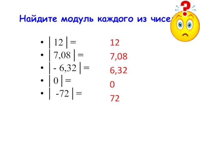 Найдите модуль каждого из чисел: 12 7,08 6,32 0 72 │12│= │7,08│=