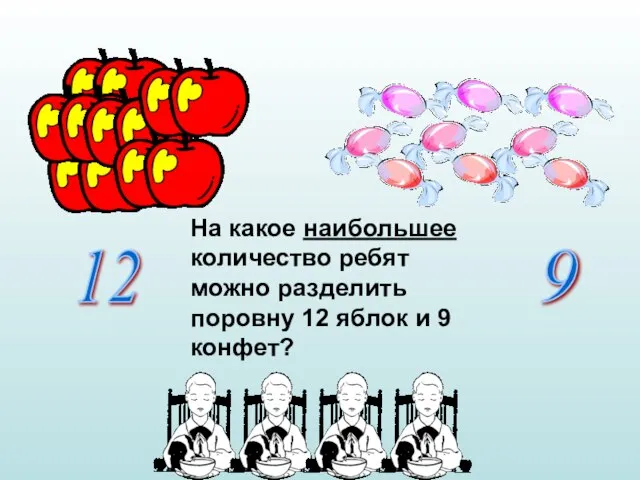 На какое наибольшее количество ребят можно разделить поровну 12 яблок и 9 конфет? 12 9