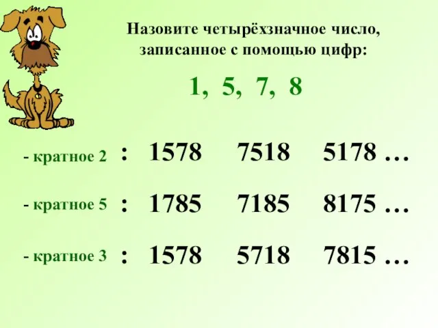 Назовите четырёхзначное число, записанное с помощью цифр: 1, 5, 7, 8 :
