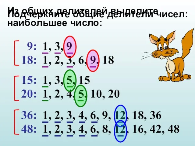 Подчеркните общие делители чисел: 9: 18: 15: 20: 36: 48: 1, 3,