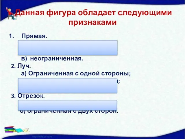 Данная фигура обладает следующими признаками Прямая. а) Замкнутая; б) непрямолинейная; в) неограниченная.