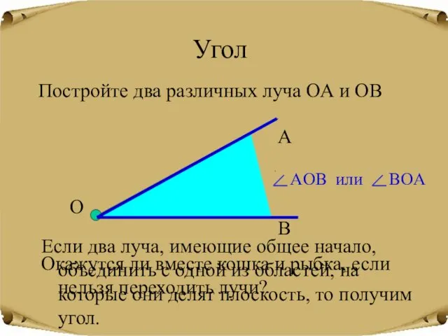 Угол Постройте два различных луча ОА и ОВ О А В Окажутся