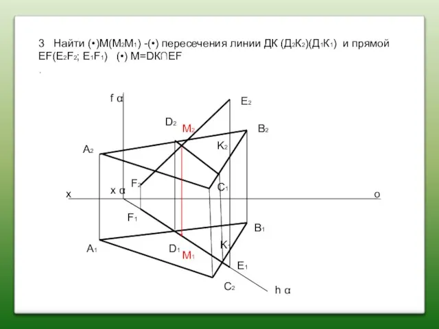 3 Найти (•)М(M2M1) -(•) пересечения линии ДК (Д2К2)(Д1К1) и прямой EF(E2F2; E1F1)