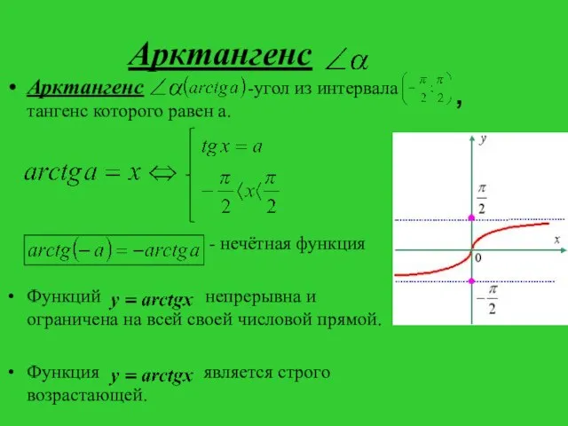 Арктангенс Арктангенс -угол из интервала тангенс которого равен а. - нечётная функция