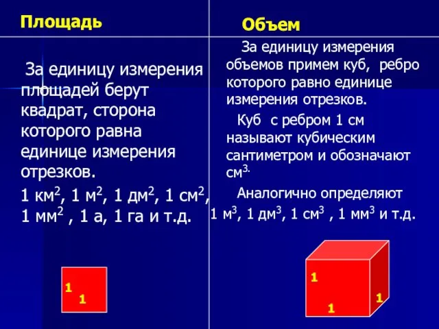 Площадь За единицу измерения площадей берут квадрат, сторона которого равна единице измерения