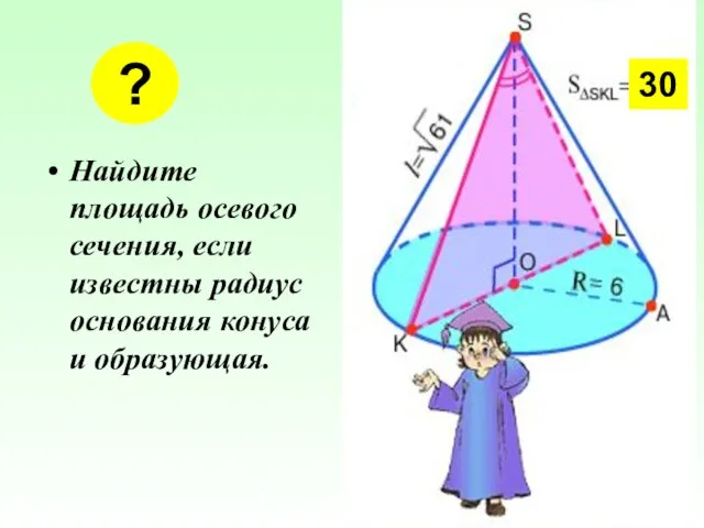 Найдите площадь осевого сечения, если известны радиус основания конуса и образующая. ? 30