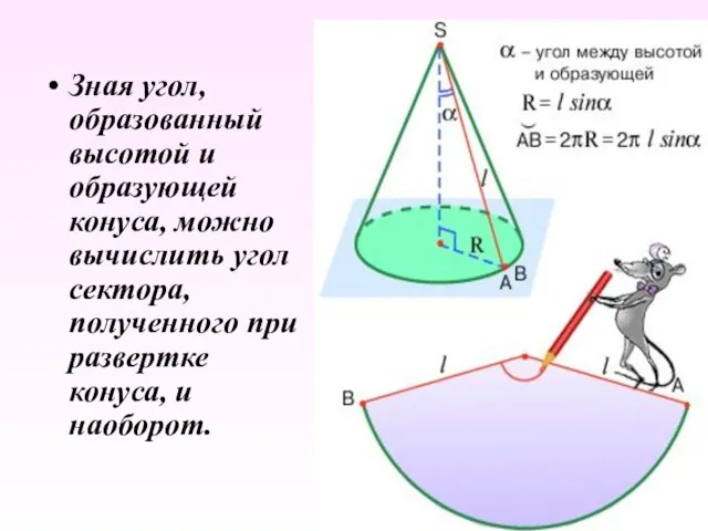 Зная угол, образованный высотой и образующей конуса, можно вычислить угол сектора, полученного