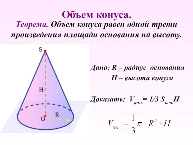 Объем конуса. Дано: R – радиус основания Н – высота конуса Доказать: