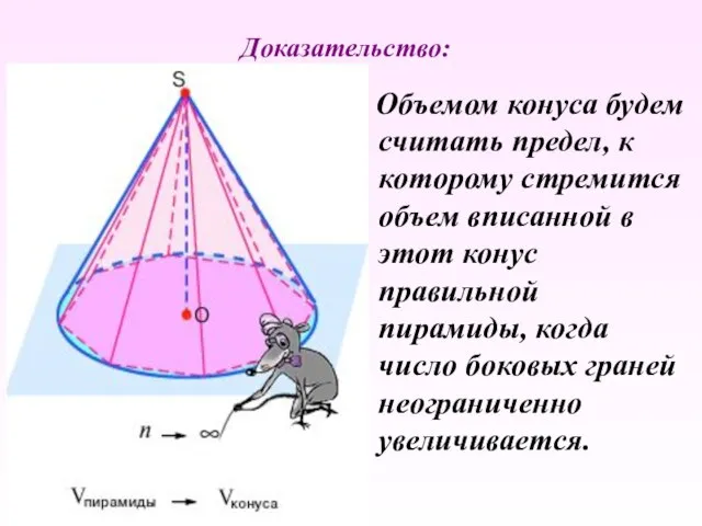 Объемом конуса будем считать предел, к которому стремится объем вписанной в этот