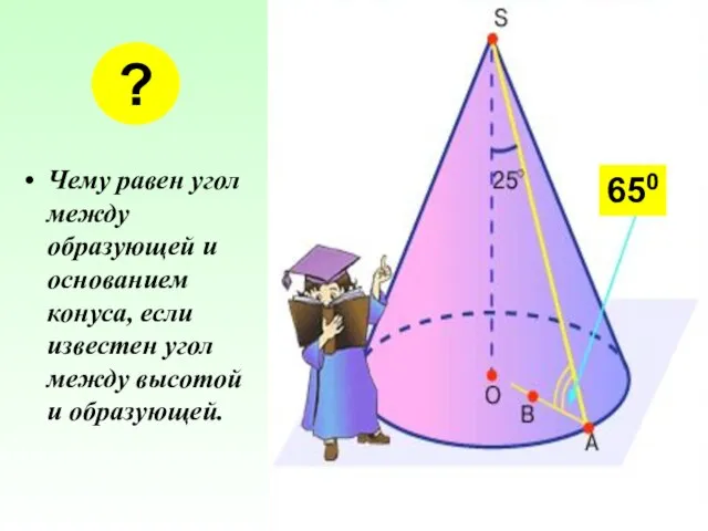 Чему равен угол между образующей и основанием конуса, если известен угол между